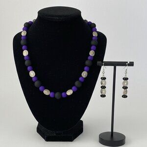 Necklace and Pierced Earring Set Purple Neon Czech Black Beads Aztec Sil…